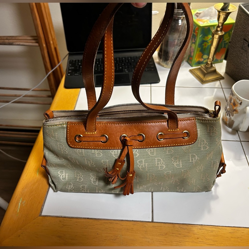 Dooney & Bourke leather and cloth handbag authentic sage and hickory colored